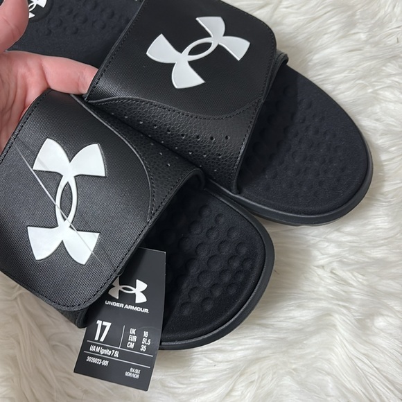 NEW In Packaging Under Armour Black White Men’s Size 17 Slides - Picture 2 of 9